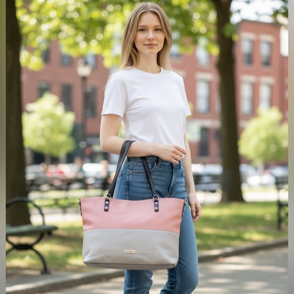 Jessica Simpson Elegant Colorblock Pink & Gray Women's Faux Leather Tote Bag EUC - Picture 2 of 15